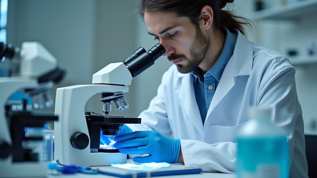 Biomedical researcher using precision instruments and microscopy equipment to analyze medical samples, with modern laboratory workspace and technological equipment visible in background