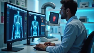 Professional biomedical engineer working at laboratory workstation with precision medical diagnostic equipment and computer monitors displaying technical data
