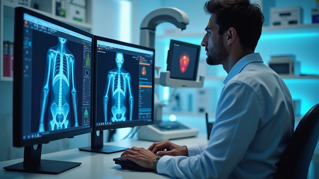 Professional biomedical engineer working at laboratory workstation with precision medical diagnostic equipment and computer monitors displaying technical data