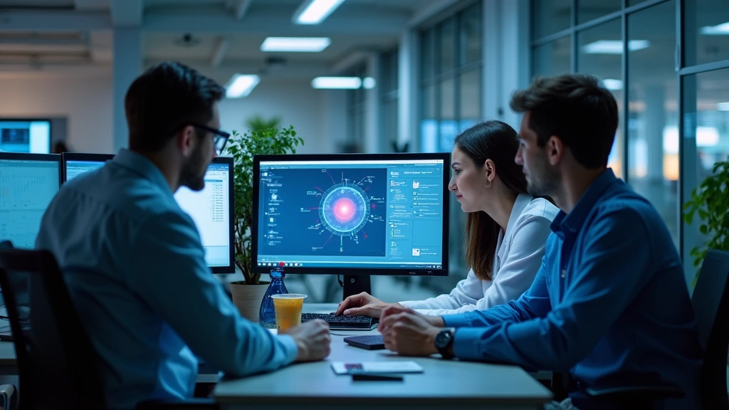 Biomedical software engineer collaborating with healthcare team reviewing digital health platform on multiple computer displays in tech office