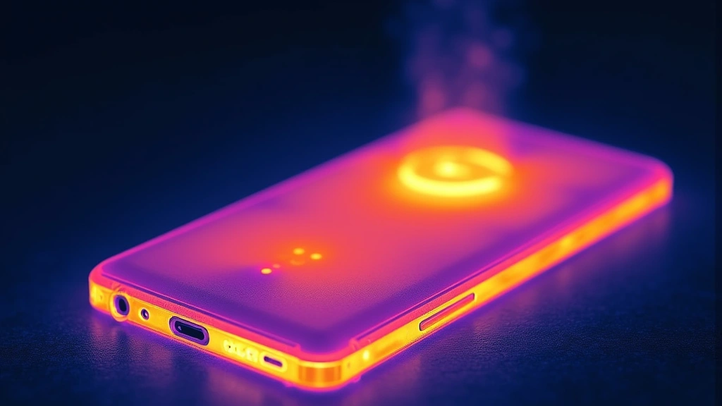 Galaxy Z Flip5 thermal imaging during heavy gaming session showing heat distribution patterns, vapor chamber cooling system visualization, temperature gradient display across device