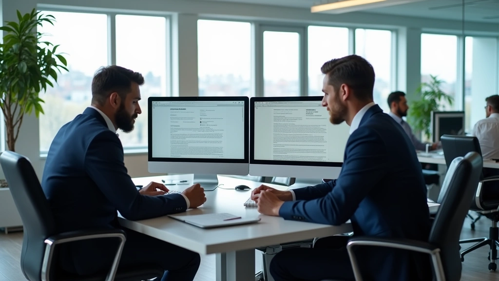 Modern law office with multiple attorneys reviewing contracts on dual-monitor computer workstations, natural lighting from large windows, contemporary furniture, no visible text or logos on screens