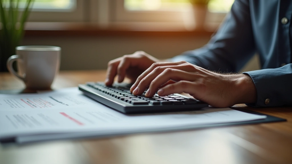 Close-up of hands typing on mechanical keyboard with legal documents and coffee cup nearby on wooden desk, professional home office setting, warm lighting, focus on keyboard and desk surface