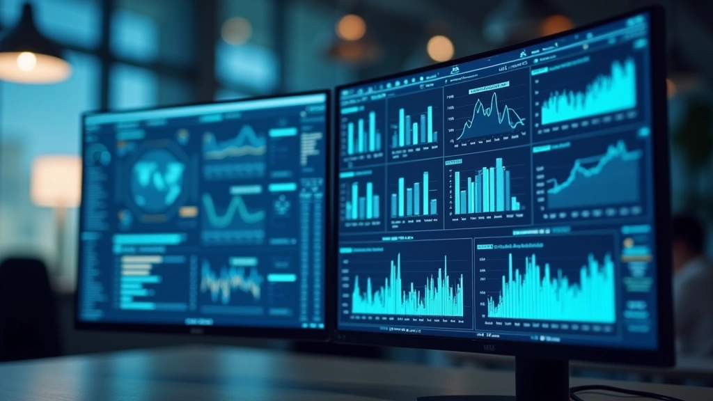 Data visualization dashboard displayed on large curved monitor showing analytics graphs and legal metrics, blurred office background, soft blue lighting from screen, photorealistic rendering of dashboard interface