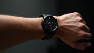 Professional product photography of premium smartwatch with circular AMOLED display showing fitness metrics dashboard, wrist-worn on athletic arm, studio lighting, premium materials visible, no text on screen