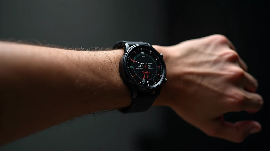 Professional product photography of premium smartwatch with circular AMOLED display showing fitness metrics dashboard, wrist-worn on athletic arm, studio lighting, premium materials visible, no text on screen