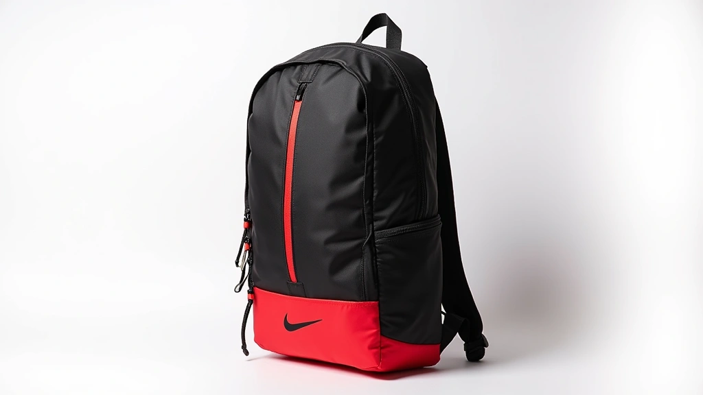 Professional product photography of black and red Nike Tech backpack displayed at slight angle against white studio background, showing zipper details and organizational compartments, natural lighting emphasizing material texture and color contrast