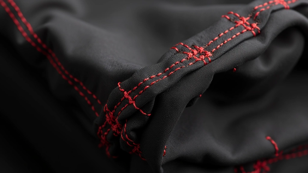 Close-up detail shot of black nylon fabric with red accent stitching and reinforced seams, demonstrating material quality and construction craftsmanship, macro photography style highlighting durability features