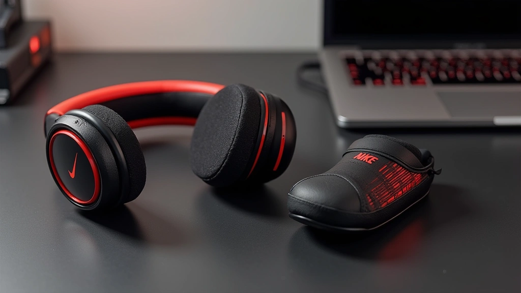 Lifestyle photography of black and red Nike Tech accessories arranged on minimalist desk workspace with laptop and tech gadgets, showing real-world usage context and aesthetic integration into professional environment