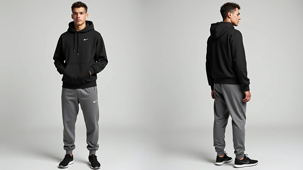 Person wearing black Nike Tech Fleece hoodie and grey joggers from front and side angles, neutral pose, studio lighting, focus on fit and garment construction details