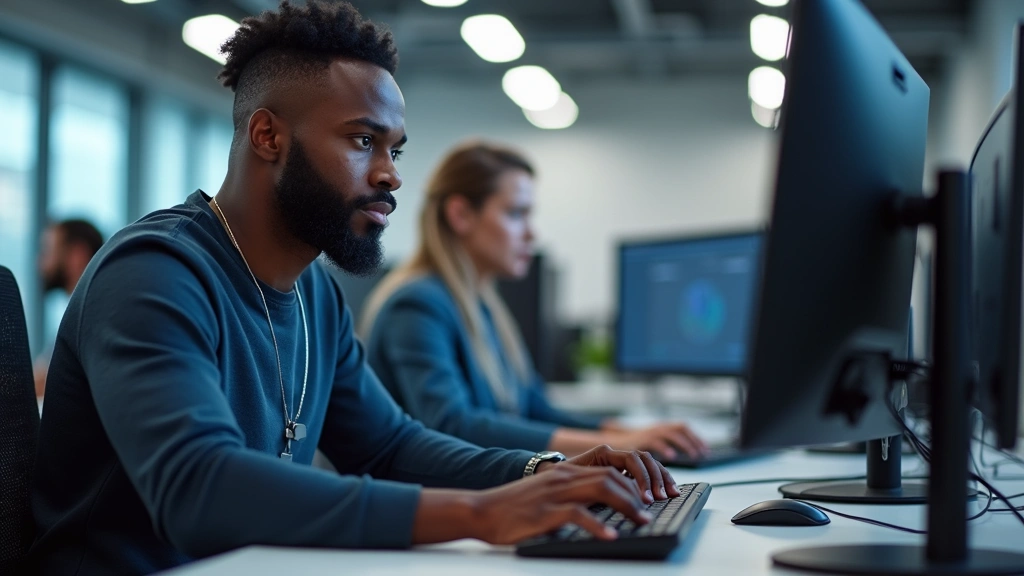 Professional Black male software engineer coding at modern computer workstation with multiple displays, focused expression, clean tech office environment with blurred colleagues in background