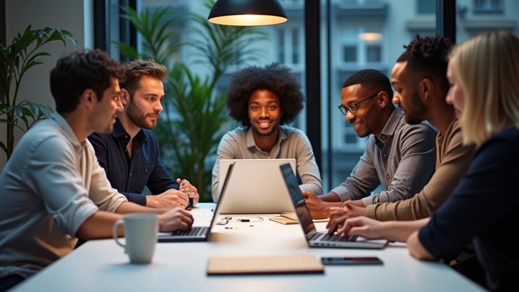 Diverse team of tech professionals including Black men collaborating around table with laptops, notepads, and digital devices during creative brainstorming or code review session