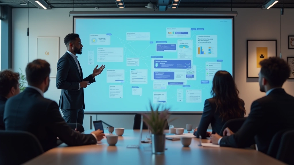 Black male tech entrepreneur or startup founder presenting business idea on large screen to investors or team members in modern conference room with professional attire