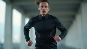 Professional athlete wearing sleek black moisture-wicking smart jacket with embedded sensor nodes visible, dynamic running pose, modern gym or track setting, clean minimalist aesthetic