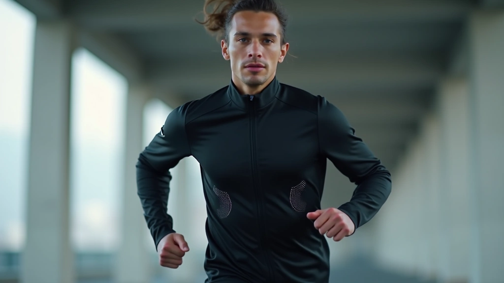 Professional athlete wearing sleek black moisture-wicking smart jacket with embedded sensor nodes visible, dynamic running pose, modern gym or track setting, clean minimalist aesthetic