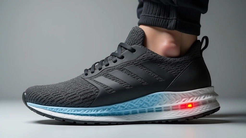 Close-up of premium athletic shoe with visible pressure sensor technology integrated into sole, side profile showing structural design, neutral gray background emphasizing craftsmanship