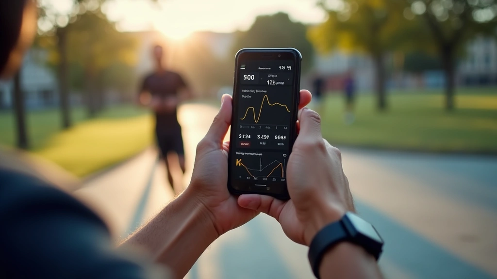 Smartphone displaying real-time biometric data and gait analysis graphs during active training session, wrist wearing black sports smartwatch, athletic environment with natural daylight