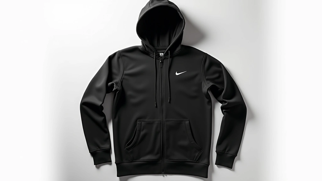 Black Nike Tech Hoodie displayed flat on white surface, showing full front design with zipper detail and modern minimalist aesthetic, professional product photography