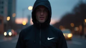 Professional athletic model wearing black reflective Nike Tech jacket at dusk, jacket's reflective threads glowing subtly under streetlight, urban environment background, realistic fabric texture visible