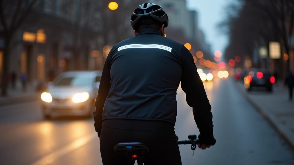 Cyclist wearing black reflective Nike Tech jacket riding on evening city street, vehicle headlights illuminating reflective elements brightly, motion-captured action shot, safety-focused composition
