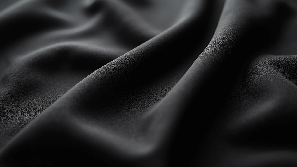 Close-up of premium black tech fabric texture showing four-way stretch weave, moisture-wicking surface, and quality construction details, macro photography