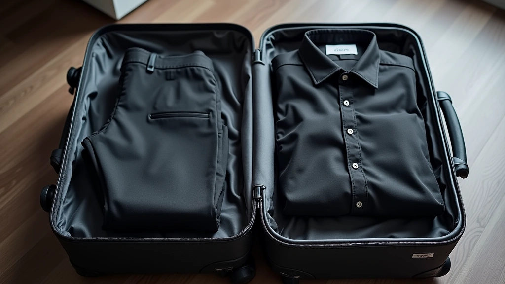 Travel scene with black tech pants packed in carry-on luggage alongside folded clothing, demonstrating space efficiency and wrinkle-free appearance for business travel