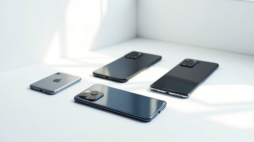 Professional product photography of latest flagship smartphone models arranged artfully on minimalist white surface with natural lighting, displaying sleek design and premium materials
