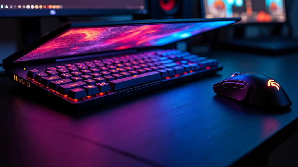 High-end gaming laptop with illuminated mechanical keyboard and gaming mouse on desk, showing metallic aluminum chassis and vibrant RGB lighting in dark studio setting