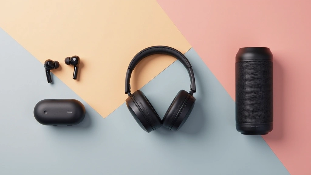 Flat lay arrangement of premium wireless earbuds, over-ear headphones, and portable Bluetooth speaker with premium materials and modern design against gradient background