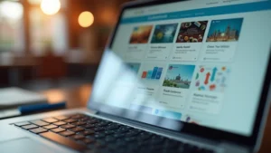 Close-up of a laptop screen displaying a learning management system dashboard with course tiles and grade information, warm lighting, professional educational environment