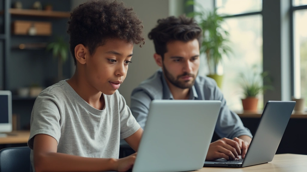 Student working at desk with multiple devices—laptop, tablet, and smartphone—showing synchronized digital learning platforms, focused expression, modern study setup