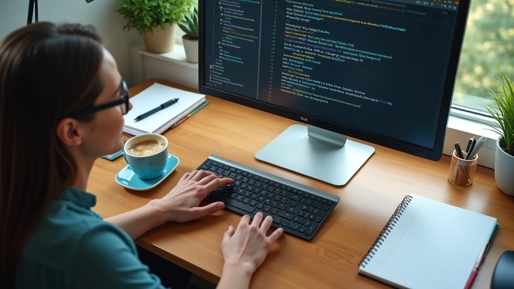 Overhead view of hands typing on keyboard with Blackboard interface visible on monitor, desk with notebooks and coffee cup, natural daylight from window