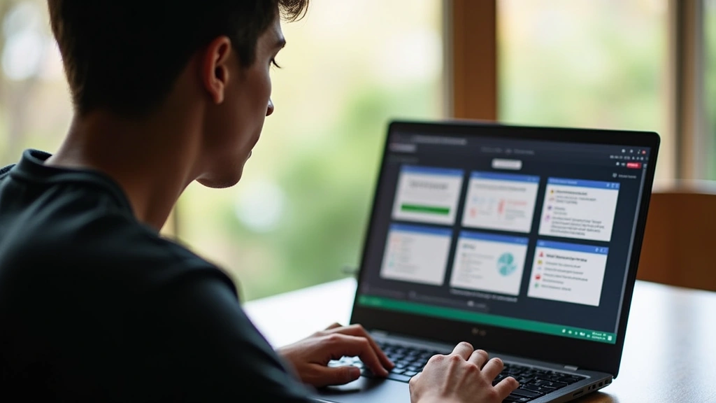 Student sitting at desk using laptop displaying Blackboard course dashboard with multiple course modules visible, natural lighting from window, focused expression