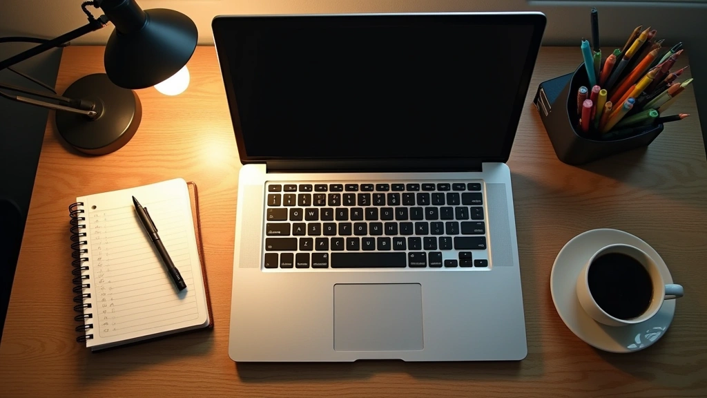Flat lay overhead shot of student workspace with laptop open to Blackboard assignment submission page, notebook, pen, coffee cup, and desk organizer, warm desk lamp lighting