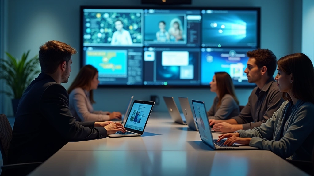Modern classroom with students using laptops and tablets, collaborative learning environment with digital screens, realistic lighting and authentic educational setting