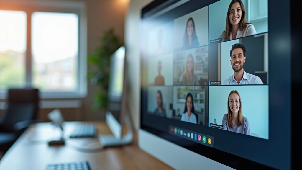 Close-up of video conferencing interface on desktop monitor, multiple participant windows visible, professional business setting with office background blurred