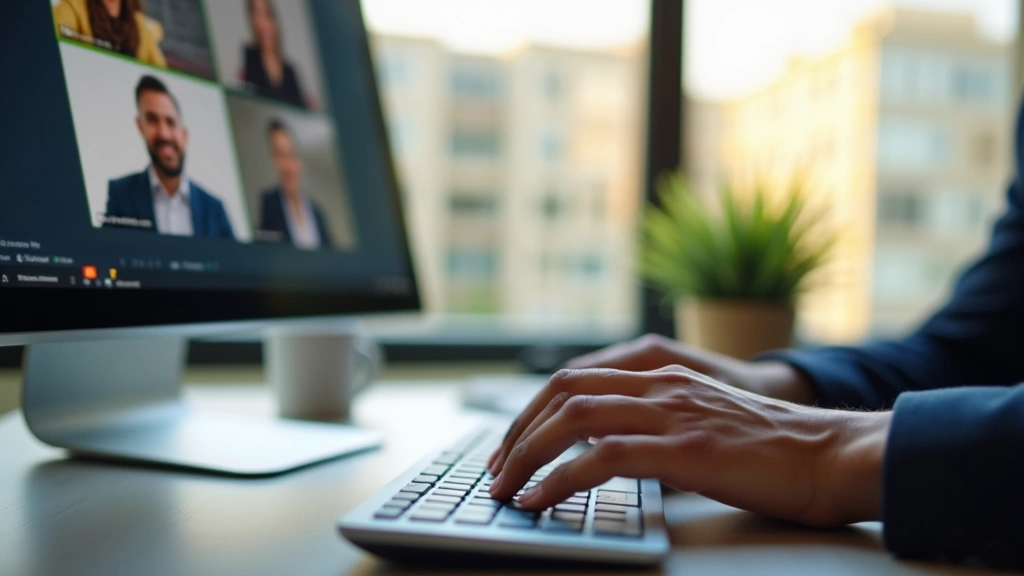 Hands typing on keyboard while video call window open on computer screen, professional communication workspace, natural lighting from office window