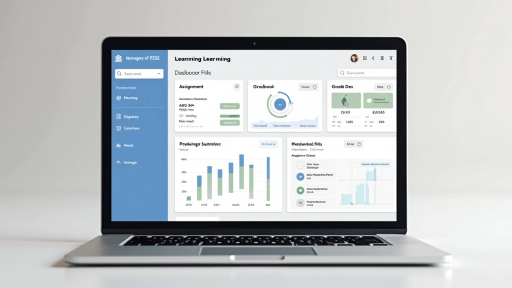 Laptop displaying learning management system dashboard with course tiles, gradebook data, and assignment submission interface, modern minimalist design aesthetic