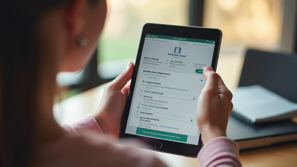 Student using tablet to check course grades and view upcoming assignments in mobile learning app, natural lighting, casual study environment