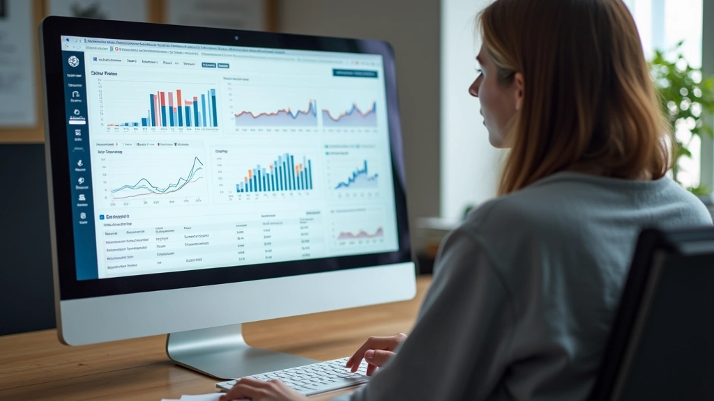 Faculty member reviewing student submissions and analytics in gradebook interface, desktop monitor showing performance data visualization charts