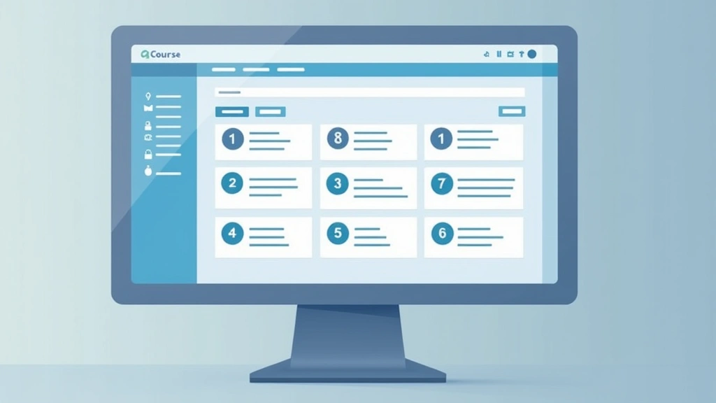 Modern computer monitor displaying a learning management system dashboard with course tiles and navigation menu, clean professional interface, soft blue and white color scheme