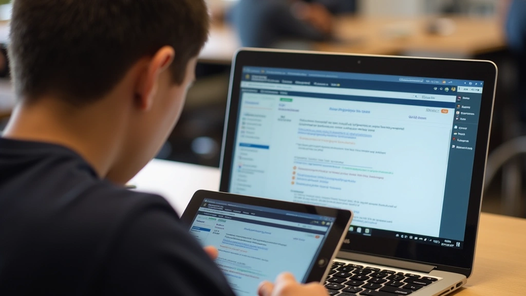 Student using laptop and tablet simultaneously, studying with digital course materials and assignment submission window visible on screens, focused learning environment