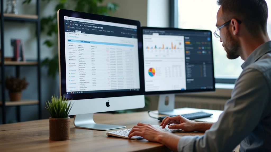 Instructor at desk reviewing student work on computer screen with gradebook, rubric feedback form, and analytics dashboard visible, educational workspace