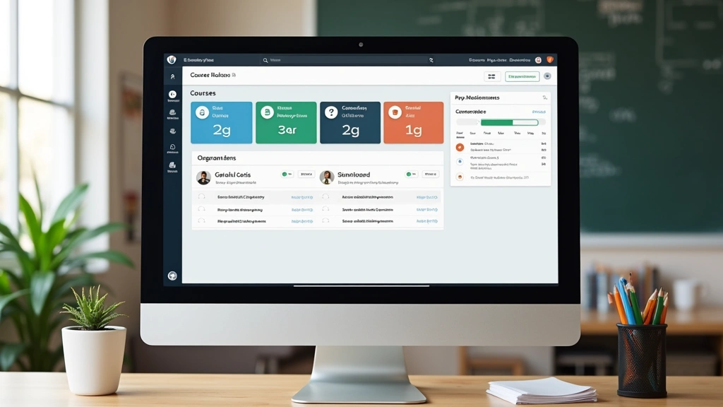 Blackboard dashboard on desktop monitor displaying course tiles, grades widget, and calendar notifications, professional education technology interface, clean organized layout