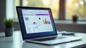 Modern laptop displaying colorful digital dashboard with charts and analytics, professional office setting, soft natural lighting, focus on screen interface showing educational metrics and performance data, minimalist desk setup with notebook