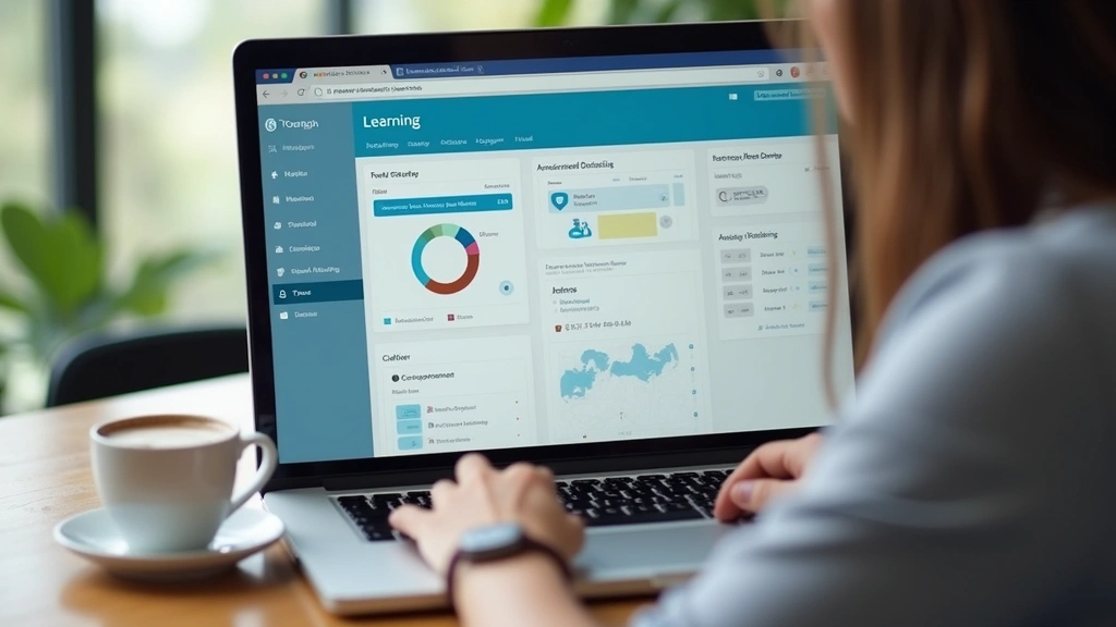 Close-up of a laptop displaying a learning management system dashboard with course modules, grades, and assignment submissions visible, modern minimalist interface design, student studying at desk with coffee
