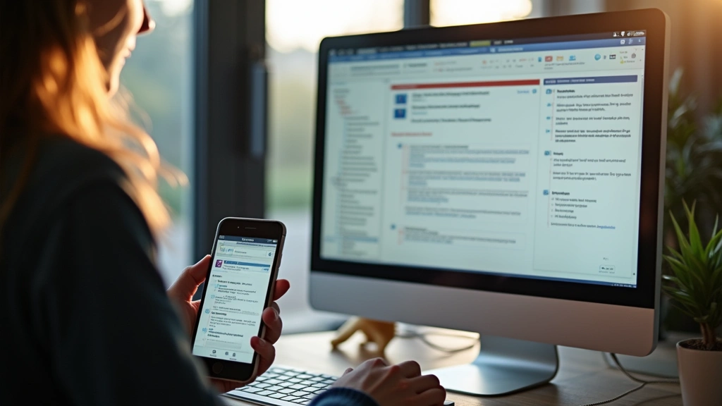 Split-screen showing mobile phone and desktop computer both displaying the same educational platform, student using both devices simultaneously for coursework, natural lighting from window