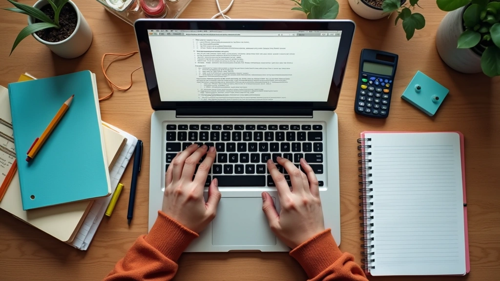 Top-down view of a student's workspace with laptop open to course materials, notebook with study notes, calculator, and academic research materials organized on desk, warm natural lighting