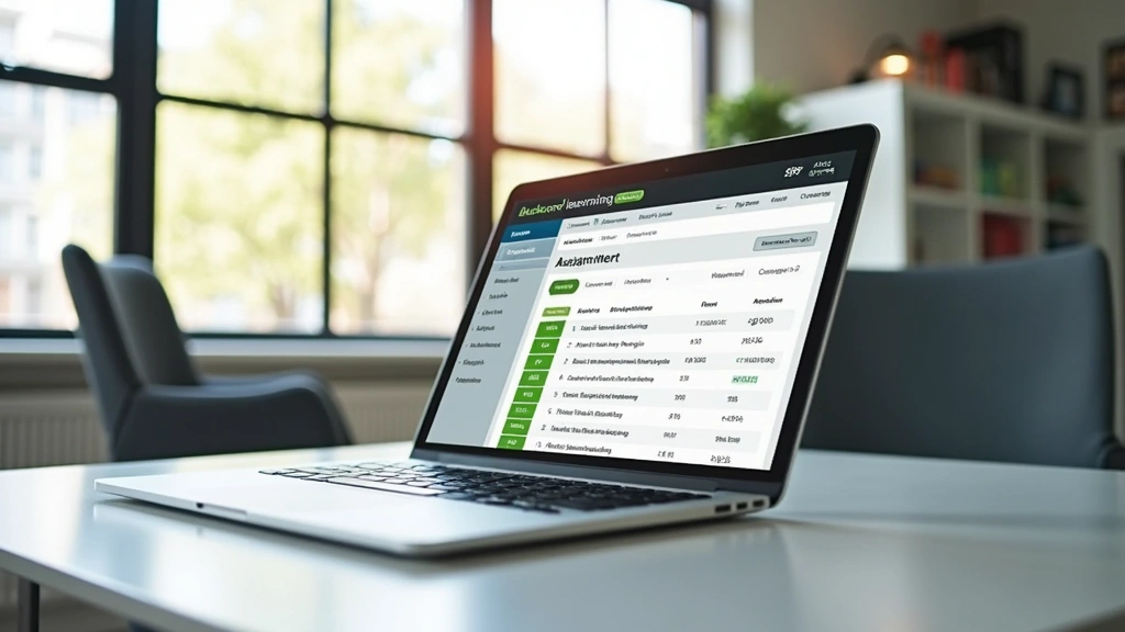 Modern laptop displaying Blackboard learning management interface with course dashboard, assignment list, and grade tracking visible on screen, professional office environment background, natural lighting