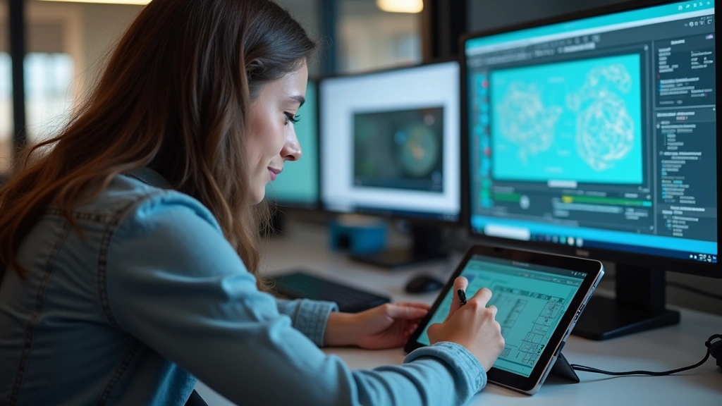 Student using tablet at desk reviewing Blackboard course materials, technical diagrams and instructional content visible, focused concentration, contemporary educational setting with technology infrastructure